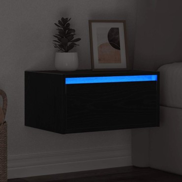 vidaXL Κομοδίνο Επιτοίχιο με Φώτα LED Μαύρο Δρυς 51x35,5x25 cm