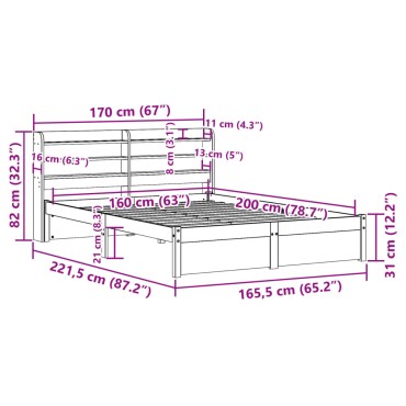 vidaXL Πλαίσιο Κρεβατιού με Κεφαλάρι 160x200 εκ. από Μασίφ Ξύλο Πεύκου