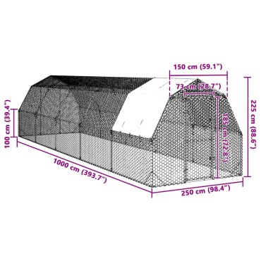 vidaXL Τρέξιμο για κοτόπουλα με οροφή 2,5x10x2,25 μ. από Γαλβ. Χάλυβα