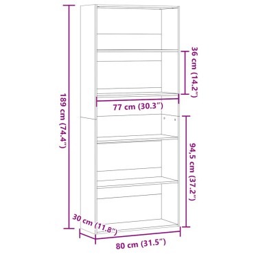 vidaXL Ντουλάπι βιβλίων καπνιστή δρυς 80x30x189cm Κατασκευασμένο ξύλο 1 τεμ.