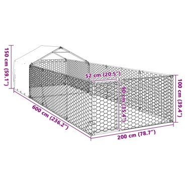 vidaXL Κλουβί Σκύλου Εξωτερ. Χώρου με τρεχάλα 6x2x1,5μ. Γαλβαν. Ατσάλι