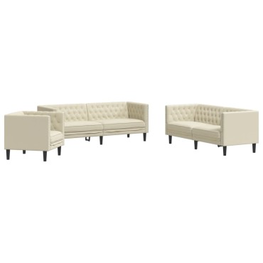 vidaXL Καναπές Chesterfield 3 τεμ. σετ Cream Faux Leather 71x74,5x70,5cm  Διθέσιος Τριθέσιος