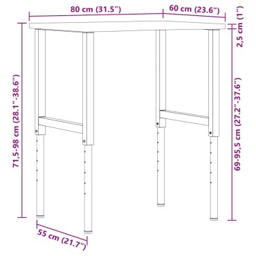 vidaXL πάγκος εργασίας σκούρο καφέ 80x60x(71,5-98) cm μασίφ ξύλο δρυς