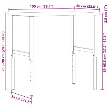 vidaXL πάγκος εργασίας ανοιχτό καφέ 100x60x(71,5-98)cm μασίφ ξύλο δρυς