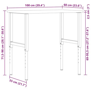 vidaXL πάγκος εργασίας ανοιχτό καφέ 100x60x(71,5-98)cm μασίφ ξύλο δρυς
