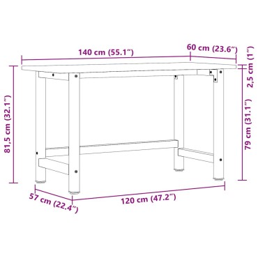 vidaXL Πάγκος Εργασίας Καφέ Σκούρο 140x60x81,5 cm Μασίφ Ξύλο Δρυς