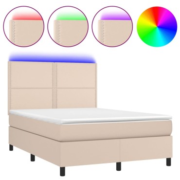 vidaXL Κρεβάτι Boxspring Στρώμα&LED Καπουτσίνο 140x200 εκ. Συνθ. Δέρμα