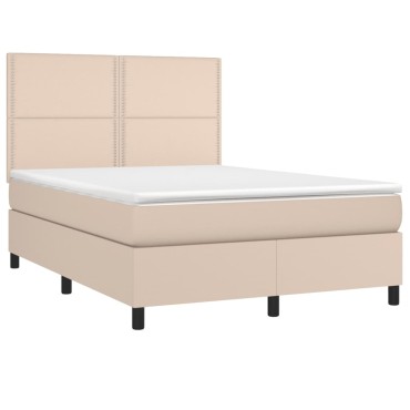 vidaXL Κρεβάτι Boxspring Στρώμα&LED Καπουτσίνο 140x200 εκ. Συνθ. Δέρμα