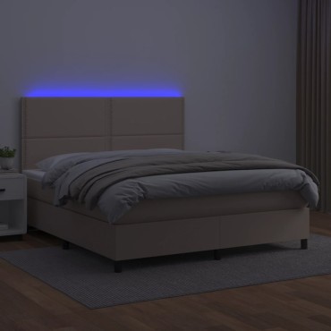 vidaXL Κρεβάτι Boxspring Στρώμα&LED Καπουτσίνο 140x200 εκ. Συνθ. Δέρμα