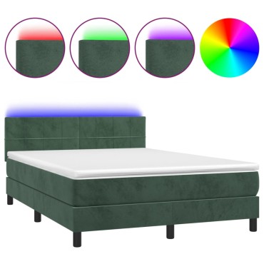 vidaXL Κρεβάτι Boxspring με Στρώμα & LED Σκ. Πράσινο 140x200εκ Βελούδο