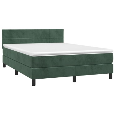 vidaXL Κρεβάτι Boxspring με Στρώμα & LED Σκ. Πράσινο 140x200εκ Βελούδο