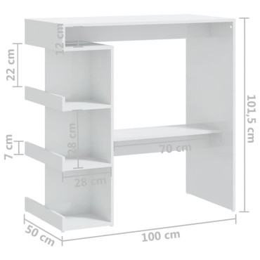 vidaXL Τραπέζι Μπαρ με Ράφια Γυαλ. Λευκό 102x50x103,5cm Επεξ. Ξύλο 1 τεμ.