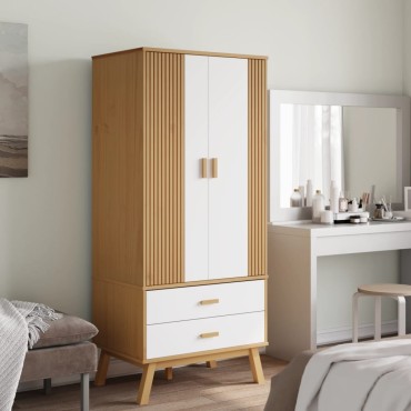 vidaXL Ντουλάπα OLDEN Λευκό & Καφέ 76,5x53x172cm Μασίφ Ξύλο Πεύκου 1 τεμ.