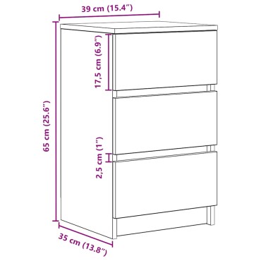 vidaXL Κομοδίνο με 3 συρτάρια Μαύρο 39x35x65cm 1 τεμ.