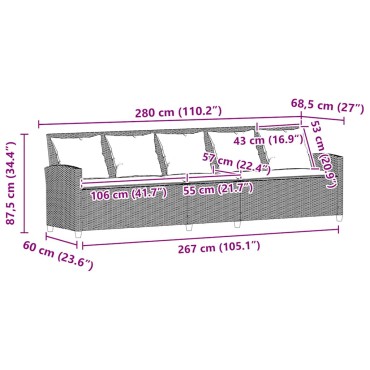 vidaXL Καναπές κήπου 5θέσιος με μαξιλάρια Γκρι Poly Rattan 280x68,5x87,5 cm