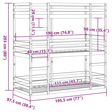 vidaXL Τριπλή Κουκέτα 90x190cm από Μασίφ Ξύλο Πεύκου - Μονό