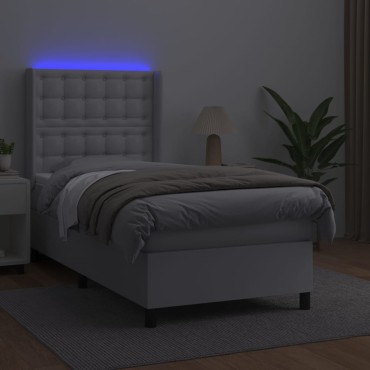 vidaXL Κρεβάτι Boxspring με Στρώμα & LED Λευκό 90x190cm Συνθ. Δέρμα 1 τεμ. - Μονό