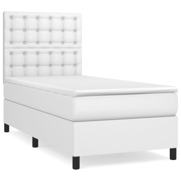 vidaXL Κρεβάτι Boxspring με Στρώμα Λευκό 90x190cm από Συνθετικό Δέρμα 1 τεμ. - Μονό