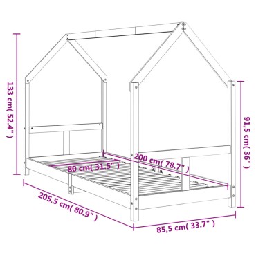 vidaXL Πλαίσιο Παιδικού Κρεβατιού 80x200cm από Μασίφ Ξύλο Πεύκου 1 τεμ. - Μονό