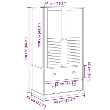 vidaXL Ντουλάπα VIGO Λευκή 90x55x170cm από Μασίφ Ξύλο Πεύκου 1 τεμ.