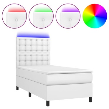 vidaXL Κρεβάτι Boxspring με Στρώμα & LED Λευκό 90x190cm Συνθ. Δέρμα 1 τεμ. - Μονό