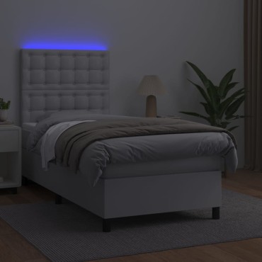 vidaXL Κρεβάτι Boxspring με Στρώμα & LED Λευκό 90x190cm Συνθ. Δέρμα 1 τεμ. - Μονό