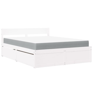 vidaXL Κρεβάτι με Συρτάρια+Στρώμα Λευκό 140x200 εκ. Μασίφ Ξύλο Πεύκου