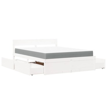 vidaXL Κρεβάτι με Συρτάρια+Στρώμα Λευκό 140x200 εκ. Μασίφ Ξύλο Πεύκου