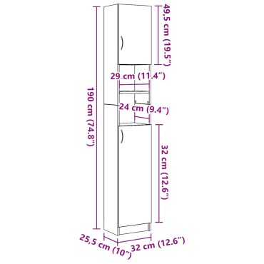 vidaXL Ντουλάπι Μπάνιου Μαύρο Δρυς 32x25,5x190cm Επεξ. Ξύλο