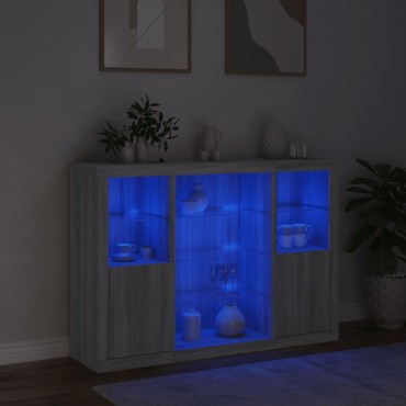 vidaXL Μπουφέδες με Φώτα LED 3 τεμ. Γκρι Sonoma από Επεξεργασμένο Ξύλο 142,5x37x100cm