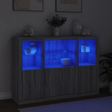 vidaXL Μπουφέδες με Φώτα LED 3 τεμ. Γκρι Sonoma από Επεξεργασμένο Ξύλο 142,5x37x100cm