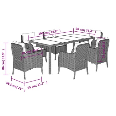vidaXL Σετ Τραπεζαρίας Κήπου 7 τεμ. Μαύρο Συνθετικό Ρατάν με Μαξιλάρια 48x51cm