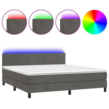 vidaXL Κρεβάτι Boxspring με Στρώμα & LED Σκ. Γκρι 160x200εκ. Βελούδινο