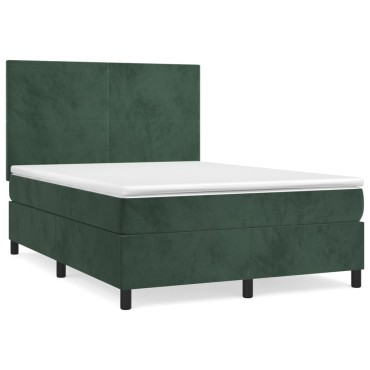 vidaXL Κρεβάτι Boxspring με Στρώμα Σκούρο Πράσινο 140x200cm Βελούδινο 1 τεμ. - Διπλό
