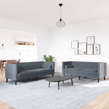 vidaXL Καναπές Chesterfield Σετ 2 τεμ. με Στηρίγματα Σκ. Γκρι Βελούδο 174x74,5x70,5cm  Διθέσιος Τριθέσιος