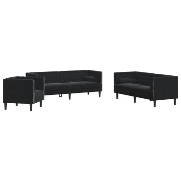 vidaXL Καναπές Chesterfield Σετ 3 τεμ. με Στηρίγματα Μαύρο Βελούδο 71x74,5x70,5cm  Διθέσιος Τριθέσιος