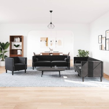 vidaXL Καναπές Chesterfield Σετ 3 τεμ. με Στηρίγματα Μαύρο Βελούδο 71x74,5x70,5cm  Διθέσιος Τριθέσιος