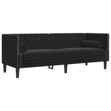 vidaXL Καναπές Chesterfield Σετ 3 τεμ. με Στηρίγματα Μαύρο Βελούδο 71x74,5x70,5cm  Διθέσιος Τριθέσιος