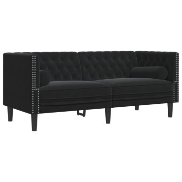 vidaXL Καναπές Chesterfield Σετ 3 τεμ. με Στηρίγματα Μαύρο Βελούδο 71x74,5x70,5cm  Διθέσιος Τριθέσιος
