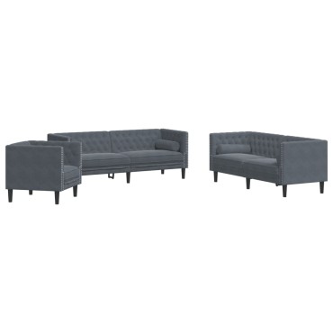 vidaXL Καναπές Chesterfield Σετ 3 τεμ. με Στηρίγματα Σκ. Γκρι Βελούδο 71x74,5x70,5cm  Διθέσιος Τριθέσιος
