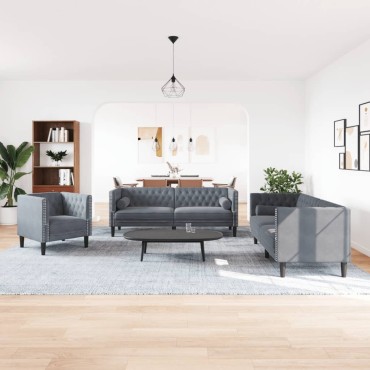 vidaXL Καναπές Chesterfield Σετ 3 τεμ. με Στηρίγματα Σκ. Γκρι Βελούδο 71x74,5x70,5cm  Διθέσιος Τριθέσιος