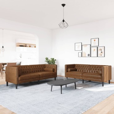 vidaXL Καναπές Τσέστερφιλντ 2 τεμ. με μαξιλαράκια Καφέ δέρμα 174x74,5x70,5cm  Διθέσιος Τριθέσιος