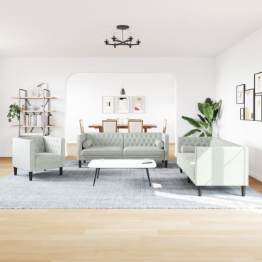 vidaXL Καναπές Chesterfield Σετ 3 τεμ. με Στηρίγματα Αν. Γκρι Βελούδο 71x74,5x70,5cm  Διθέσιος Τριθέσιος