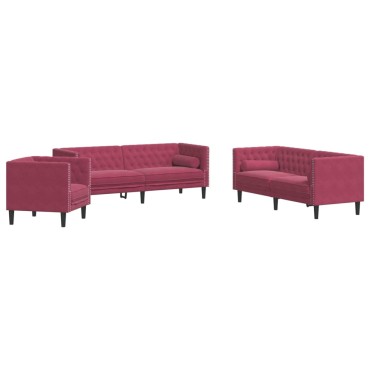 vidaXL Καναπές Chesterfield Σετ 3 τεμ. με Στηρίγματα Μπορντό Βελούδο 71x74,5x70,5cm  Διθέσιος Τριθέσιος