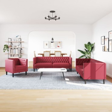 vidaXL Καναπές Chesterfield Σετ 3 τεμ. με Στηρίγματα Μπορντό Βελούδο 71x74,5x70,5cm  Διθέσιος Τριθέσιος