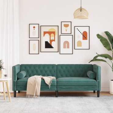 vidaXL Καναπές Τριθέσιος Chesterfield + Στηρίγματα Σκ. Πράσινο Βελούδο 194x74,5x70,5cm 1 τεμ.
