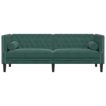 vidaXL Καναπές Τριθέσιος Chesterfield + Στηρίγματα Σκ. Πράσινο Βελούδο 194x74,5x70,5cm 1 τεμ.