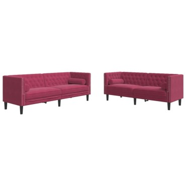 vidaXL Καναπές Chesterfield Σετ 3 τεμ. με Στηρίγματα Μπορντό Βελούδο 174x74,5x70,5cm  Διθέσιος Τριθέσιος