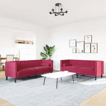 vidaXL Καναπές Chesterfield Σετ 3 τεμ. με Στηρίγματα Μπορντό Βελούδο 174x74,5x70,5cm  Διθέσιος Τριθέσιος