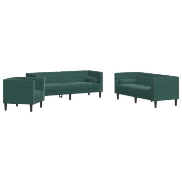vidaXL Καναπές Chesterfield 3 τεμ. μαξιλάρια σκούρο πράσινο βελούδο 71x74,5x70,5cm  Διθέσιος Τριθέσιος